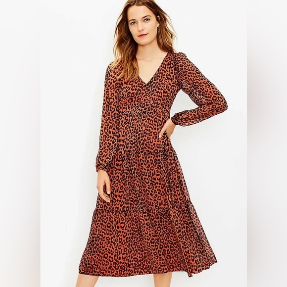 Leopard Print Tiered V-Neck Midi Dress Size - Picture 7 of 7